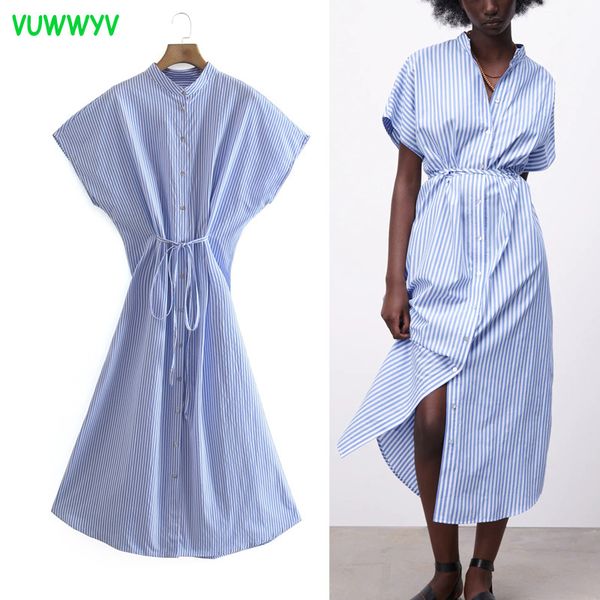 Women Dresses Blue Striped Plus Size African Woman Summer Short Sleeve Button Up Shirt Midi Ladies 210430