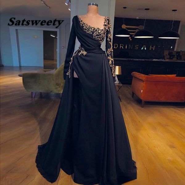 Elegant Vestidos Prom Dress 2022 Long Sleeve Evening Gowns Navy Blue Beading Chiffon High Slit Sexy Women Formal Dresses