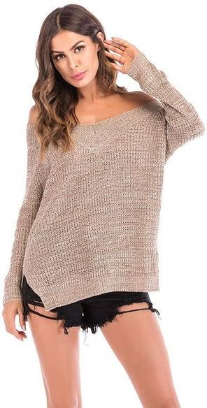 Women&#039;s Sweaters Autumn 2021 Long Sleeve V Lead Knitting Unlined Upper Garment Within Clothes External Exposure On The Shoulder Woman