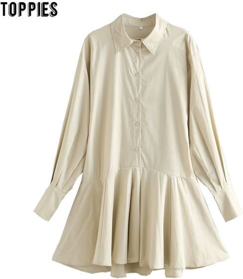 Woman Beige Blouses Dress Long Sleeve Ruffles Mini Turn Down Collar 100% Cotton Shirts 210421