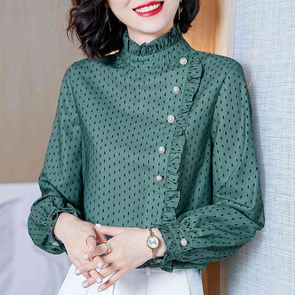 Korean Women Blouse Woman Long Sleeve s Chiffon Shirts Vintage Ruffles s OL Polka Dot Print Shirt 210427