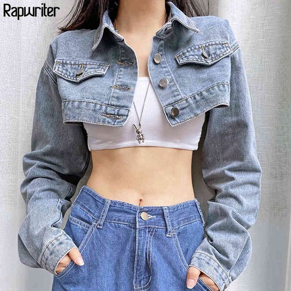 Vintage Bomber Short Jeans Jacket Women Autumn harajuku Y2K Long Sleeve Button Demin Coat Cropped Top Streetwear Rapwriter 210415