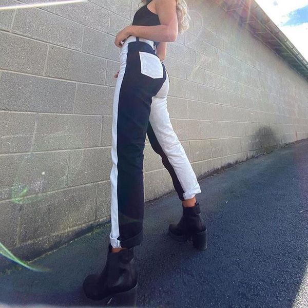 Woman Jeans Straight Denim Pants Women&#039;s Female Streetwear Black And White Patchwork Skinny High Waisted Trousers & Capris