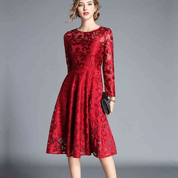 Formal Business activity Women Vintage red Lace Dresses Elegant High Quality Casual Party Dress Sundress streetwear robe femme 210520