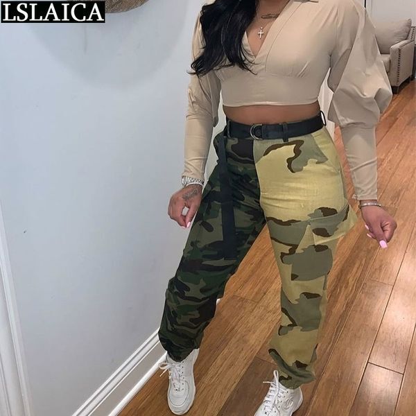 Clothes for Women Camouflage Pockets Spliced Casual Pants Woman Full Length Fashion Elastic Waist Broeken Dames 210520