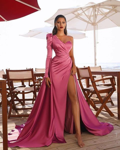 Pink One Shoulder Mermaid Satin Prom Dress With Detachable Train High Side Split African Plus Size Women Party Dresses Formal Evening Gowns