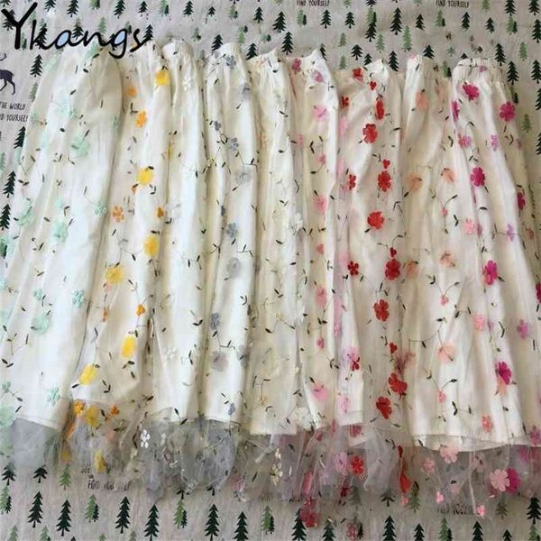 Candy colors 3D Flower Embroidery Lace Mesh pleated skirt Women High Waist Long Midi Skrit Elegant Tulle Sweet kawaii Streetwear 210421