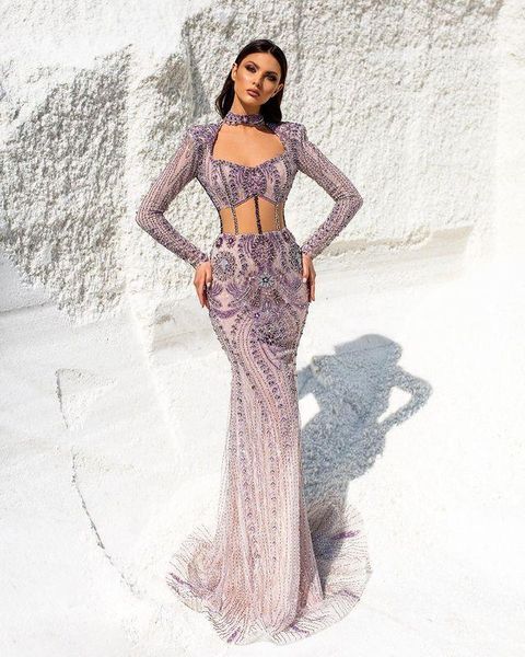 Crystal Design Mermaid Prom Dresses Luxury Bling Beaded Sequins Sexy Hollow Long Sleeves Evening Dress Formal Party Wear Chic Custom Made Pageant Robe de mariée