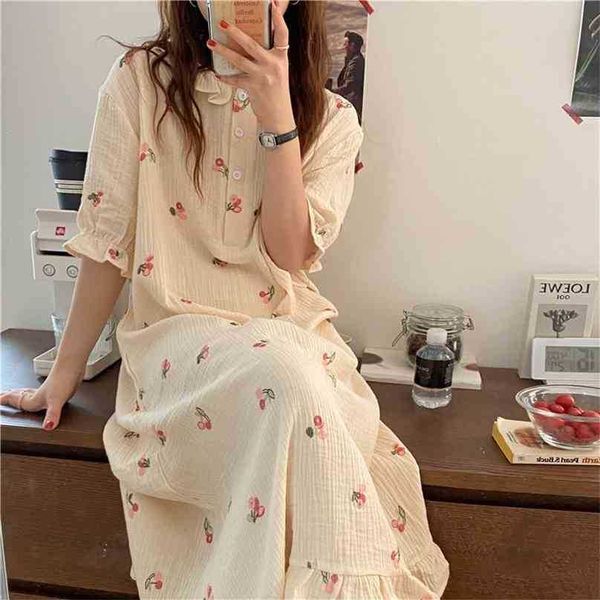 Summer Dress Long Embroidery Pajamas Sweet Nightdress Printing Chic Casual Homewear Loose Two Piece Suit Sets 210525