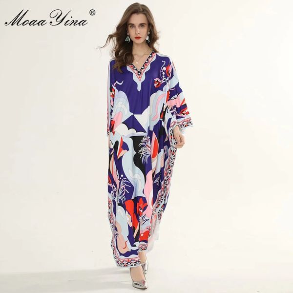 Fashion Designer Runway dress Spring Summer Women Dress V Neck Batwing Sleeve Print Plus Size Loose Beach Maxi Dresses 210524