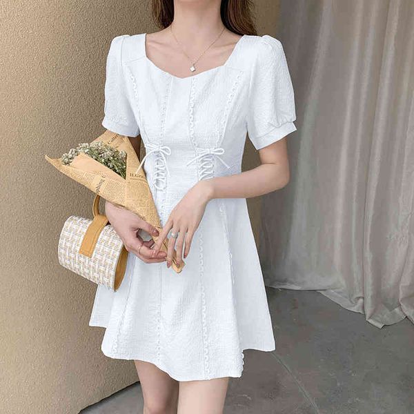 Women Dresses Summer French Sweet Temperament Female Retro Cross Lace Up White Casual Dress Vestidos 210518
