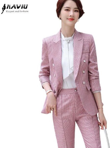 Pink Plaid Suit Fashion Professional Temperament Spring High End Slim Two Piece Office Ladies Casual Work Wear 210604