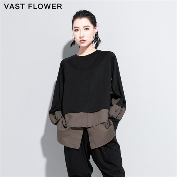 Patchwork Plus Size Fake Two Piece Tshirt Women New Vintage Loose Long Sleeve T-Shirt Femme Tops Clothes Fashion Spring 210406