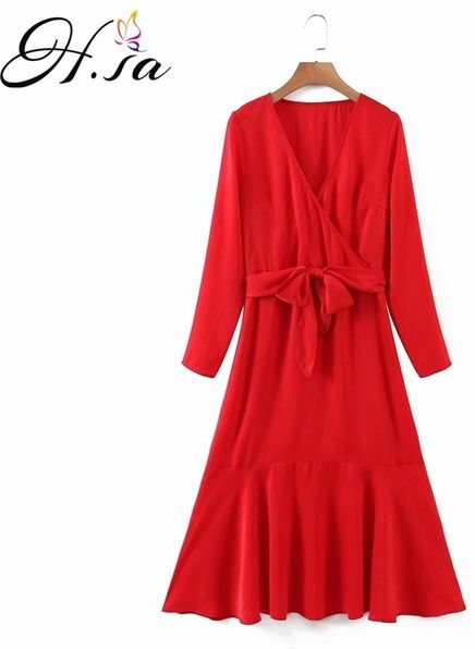 Women Long Sleeve Dress Sexy Low V neck Red Bow Tied Waist Pleated Vestidos Female chic sexy Elegant dresses 210430