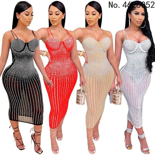 Ethnic Clothing Mesh See Though Rhinestones Plunging V-neck Midi Bodycon Dress For Women Sexy Club Party Dresses Pencil Vestidos