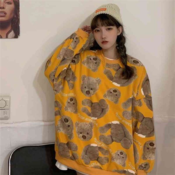 Crew Neck Vintage Bear Kawaii Sweatshirt Women Loose Long Sleeve Plus Velvet Pullover Anime Hoodie Cute Clothing