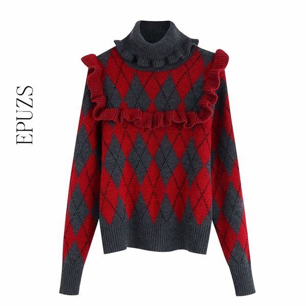 Vintage Ruffled Argyle Knitted Sweater Women Pullovers Long Sleeve turtleneck sweater Female Chic winter clothes women 210521