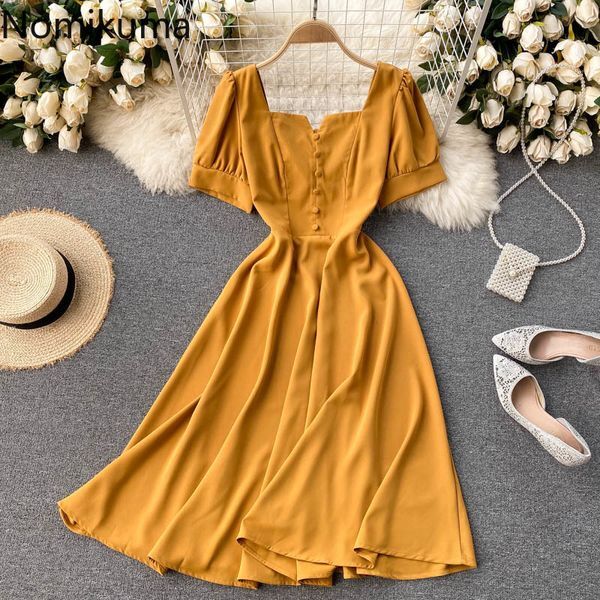 Nomikuma Summer Puff Short Sleeve Square Collar Dresses Korean Slim Waist A-line Vestidos Elegant Women Dress 6E976 210427