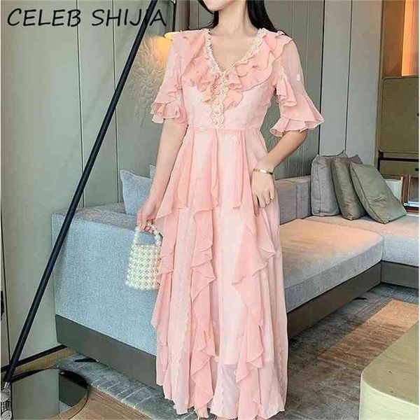 Summer Dress Woman pink chiffon ruffle V-neck elegant casual long dress female party maxi vestido 210603