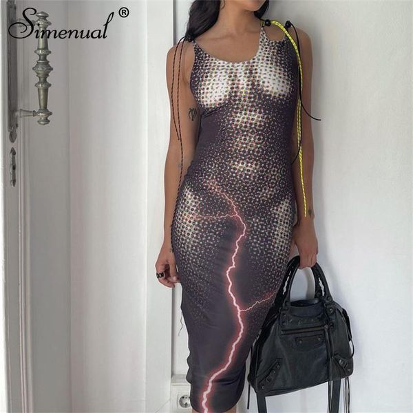 Casual Dresses Simenual 3D Printing Buckle Strap Bodycon Maxi Summer Fashion 2022 Clubwear Outfits Cyberghetto Baddie Aesthetic Dress