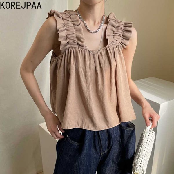 Korejpaa Women Tank Summer French Retro Temperament Square Collar Wooden Ear Strap Baby Shirt Loose Fold Short Camisole 210526