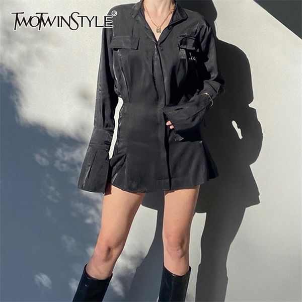 Black Tunic Shirt Dress For Women Lapel Flare Sleeve High Waist Minimalist Mini Dresses Female Summer 210520