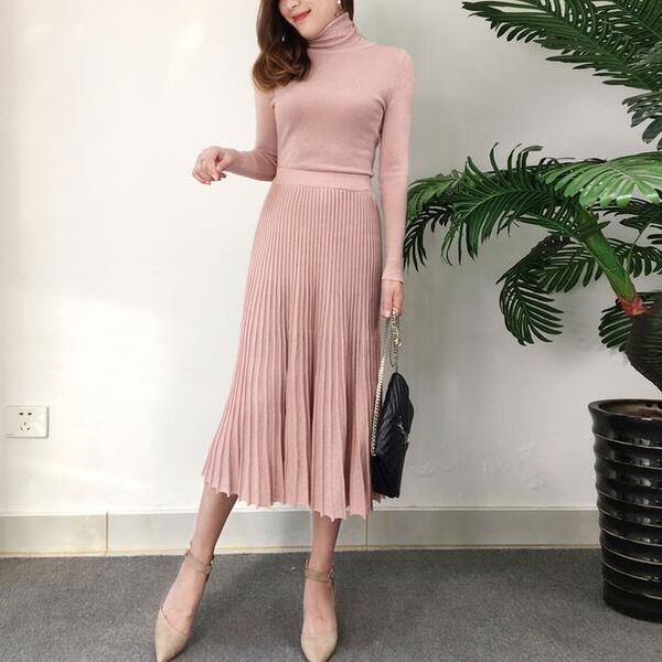 Two Piece Dress Woman Dresses Knitted Suit Winter Turtleneck Knitting Sweater Long Sleeve Pullover + Pleated Skirt Two-piece Sets DC802