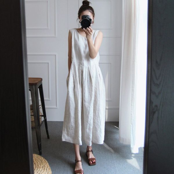 Summer Sleeveless Large Size Cotton Linen Vintage Women Dresses Casual Korean Solid Color Female Dress 210510