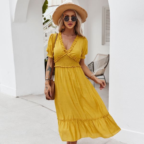 Boho Style Pleated long Dress Fashion V-neck short Sleeve Women summer Dresses Loose Ladies Beach Sundress Ropa Mujer 210524