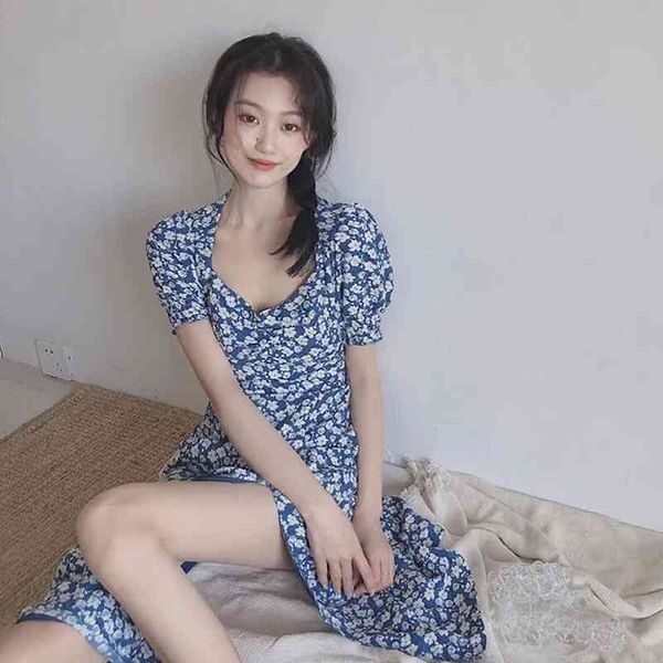 Chic Casual Puff Sleeve Women Maxi Dresses Plus Size V Neck Split Floral Dress Summer A-Line Ladies Robe Blue Vestidos 210521