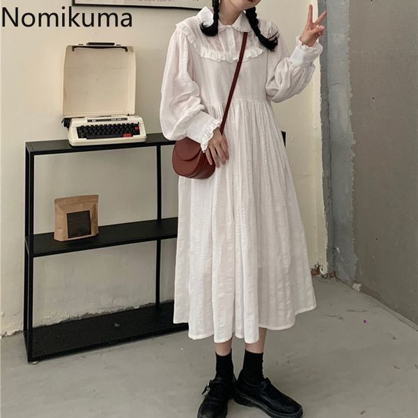 Nomikuma Sweet Peter Pan Collar Women Dress Lace Patchwork Puff Sleeve Vestido Femme Spring High Waist A-line Dresses 6E988 210427