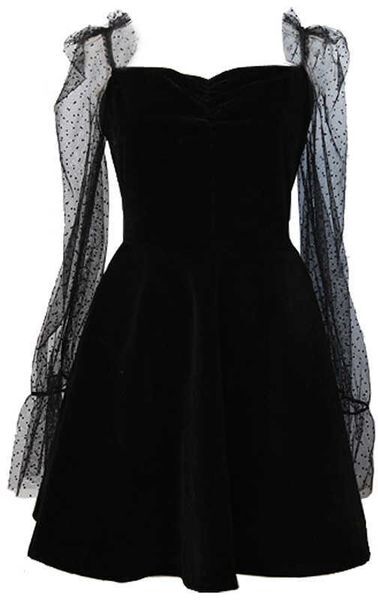 PERHAPS U Transparent Mesh Velvet Mini Sexy Party Dress Women Spring Flare Sleeve Short Dress Black O Neck Empire Dress D0973 210529