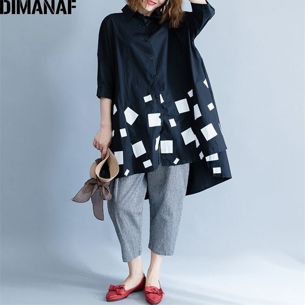 DIMANAF Women Blouse Shirts Long Sleeve Cotton Top Autumn Femme Lady Large Loose Clothing Print Spliced Pleated Plus Size Black 210308