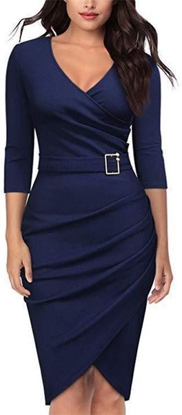 Movokaka Fashion Dress Women Elegant Office Slim Dresses For Women Party Blue Dresses Woman V-neck High Waist Women&#039;s Dress 210226