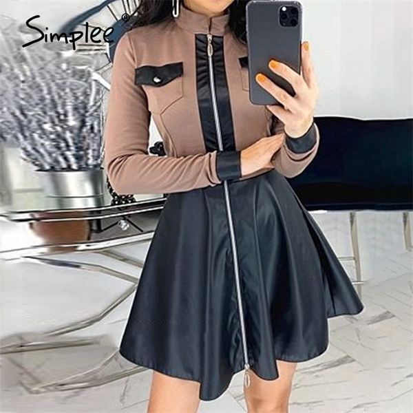 Elegant A-line women&#039;s party dresses Casual Stand collar zipper dress High street short pu leather dress autumn