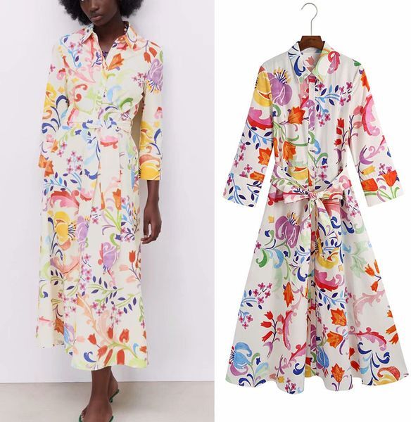 Women Summer Vintage Shirts Dress ZA 3/4 Sleeve Print Turn-down Collar Sashes Female Elegant Mid-Calf Dresses