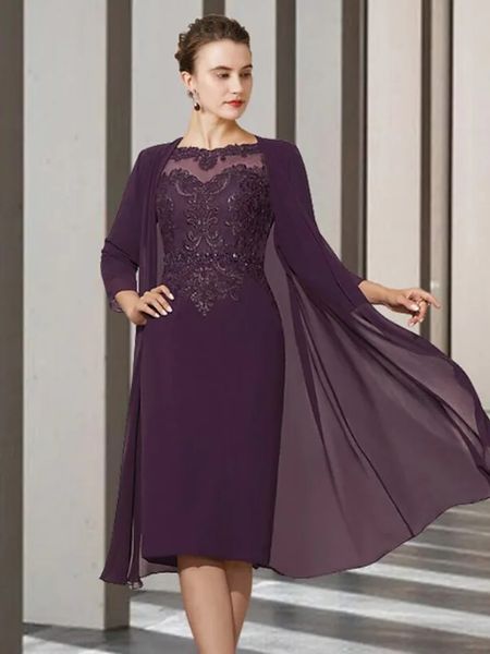 Grape Two Piece A-Line Mother of the Bride Dress Elegant Jewel Neck Knee Length Chiffon Lace 3/4 Length Sleeve with Beading Appliques