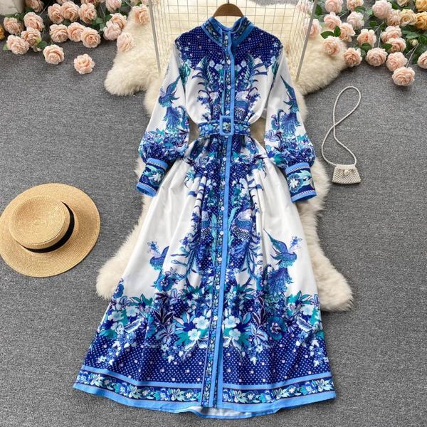 New Women Casual Dresses Spring Autumn Floral Print Button Lady Full Dress A Line Stand Collar Chiffon Single Breasted Dresses 2022