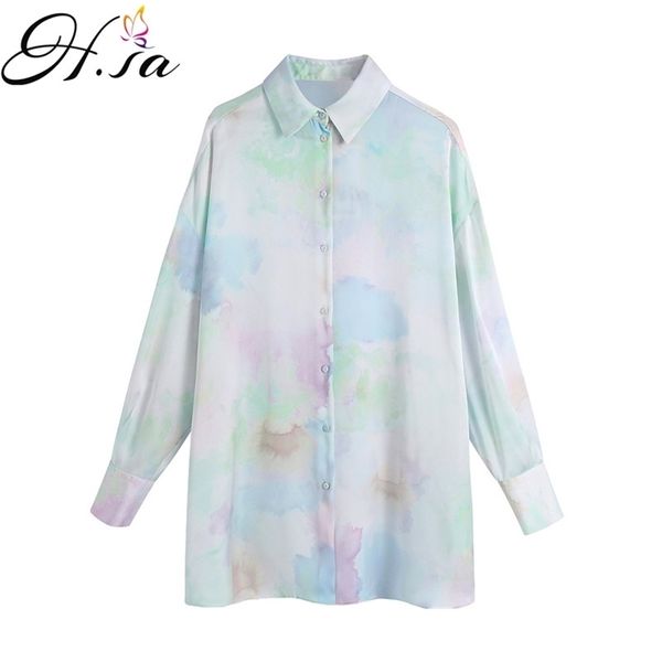 Hsa Women Summer Shirt Fashion Tie-dye Print Loose Blouse Vintage Long Sleeve Button-up Female Shirts Blusas Chic Tops 210716