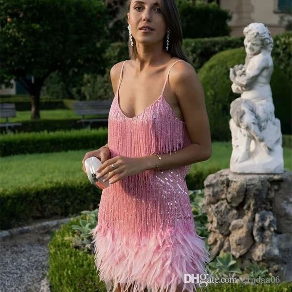 2022 Fashion Women Tassel Party Dresses Sequin Feather Patchwork Dress
