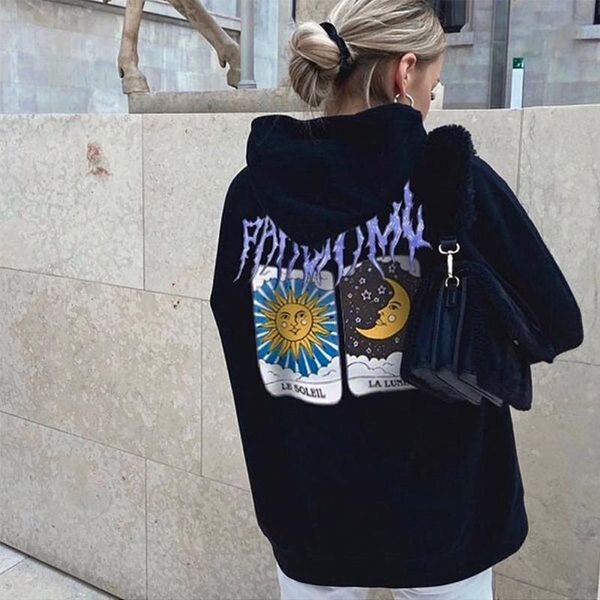 Women&#039;s Hoodies & Sweatshirts Oversized Hoodie Vintage Harajuku Black Print Hooded Sweater Women Street Kawaii Clothes Long Sleeve Top Y2k Y