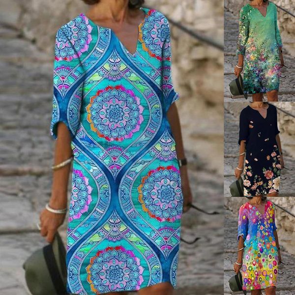 2022 Spring Women Loose Vintage Ruffles Befree Dress Large Big Printed Line Summer Boho Casual Party Elegant Dresses Plus Sizes