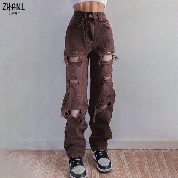 Women&#039;s Jeans Brown Ripped Vintage Woman&#039;s Distressed Streetwear Hole Hip Hop High Waist Pants Fashion Straight Denim Trousers Ladies