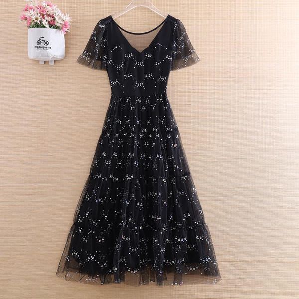 Ethnic Clothing High-end Summer Women Black Florals Print Mesh Dress Retro Elegant Slim A-line Lady Party S-XLEthnic