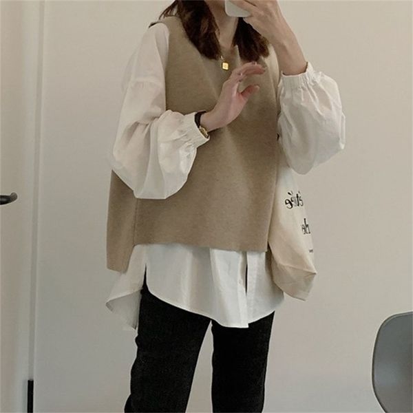Sweater For Women Ladies Pullover College Style Fashion Simple Fake Two Pieces Pure Color Wild 201223