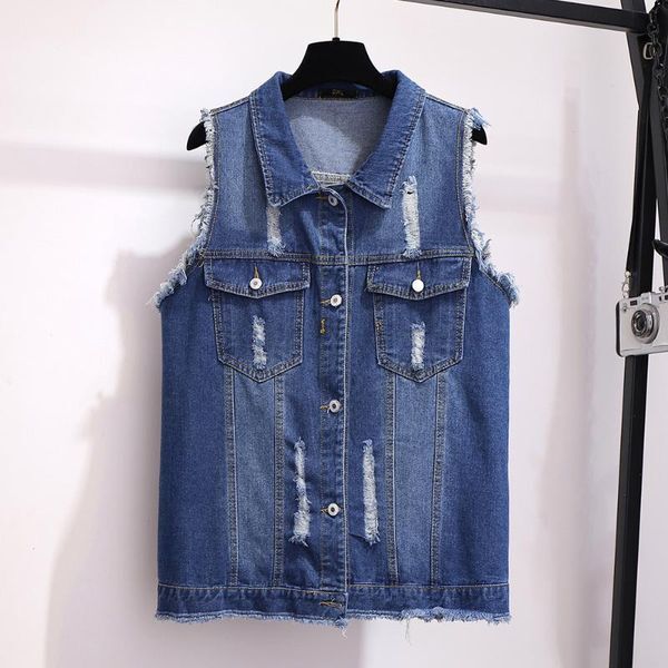 Women&#039;s Plus Size Outerwear & Coats Large Women Denim Vest Sleeveless Clothing Woman Clothes Loose Wear Holes Female Coat Jacket