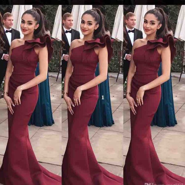 Prom Dresses Elegant One-shoulder Mermaid Burgundy Prom Dresses Sleevel Long Train Special Formal Party Gown Zipper Back Evening Dresses