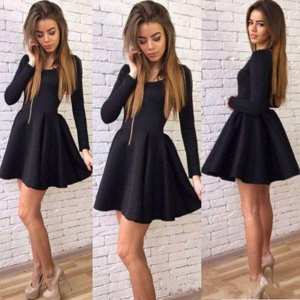 Fashion Long Sleeve Satin Homecoming Dresses Litter Black Dress A-Line Mini Knee Length Short Prom Dress Cocktail Cocktail Party Club Wear