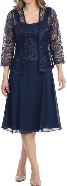 Setwell Navy Blue Two Pieces Sweetheart A-line Mother Of The Bride Dress 3/4 Sleeves Tea Length Lace Chiffon Wedding Guest Gown