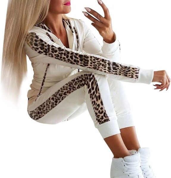 Women Sport Suit Set Hoodies and Pants Tracksuits Outfit Long Sleeve Zip Leopard Print Casual Sweatshirt 2pcs